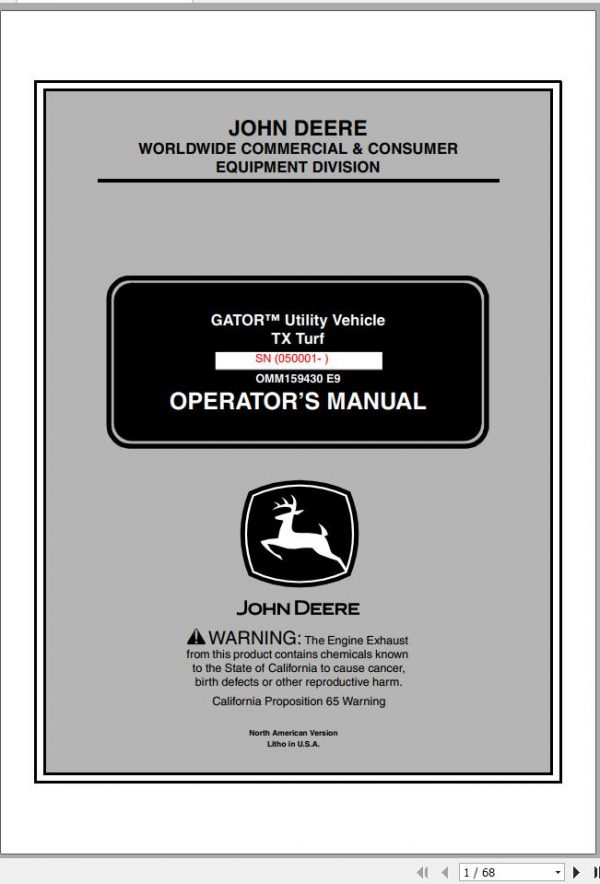John Deere Gator Utility Vehicle TX Turf SN 050001 Operators Manual 2009 1