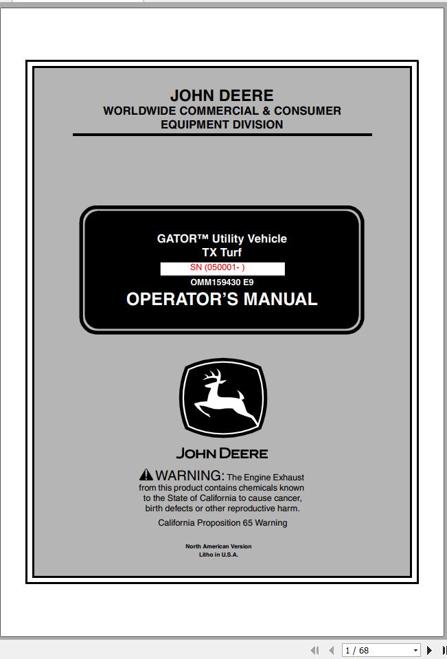 John Deere Gator Utility Vehicle TX Turf SN 050001 Operators Manual 2009 1