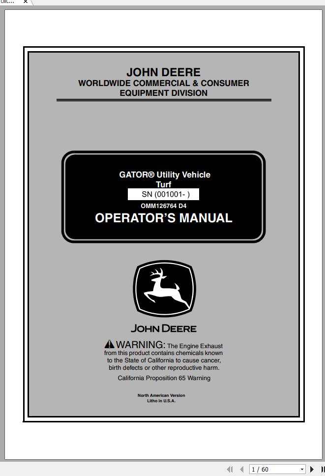 John Deere Gator Utility Vehicle Turf SN 001001 Operators Manual OMM126764 D4 2004 1