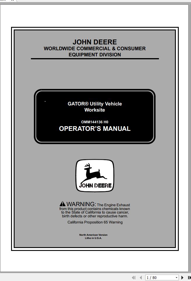 John Deere Gator Utility Vehicle Worksite SN 001001 Operators Manual OMM144136 H0 2000 1