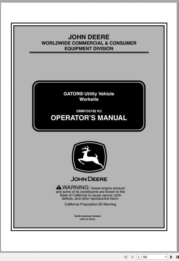 John Deere Gator Utility Vehicle Worksite SN 068205 Operators Manual OMM150192 K3 2003 1