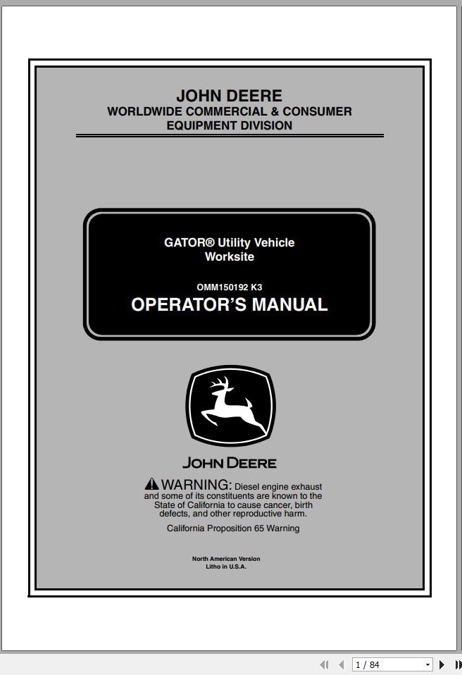 John Deere Gator Utility Vehicle Worksite SN 068205 Operators Manual OMM150192 K3 2003 1