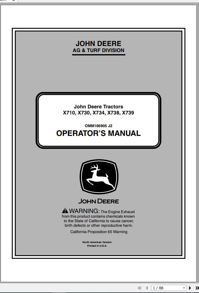 John Deere Gator Utility Vehicle X710 X730 X734 X738 X739 SN 010001 Operators Manual OMM166905 J2 2012 1