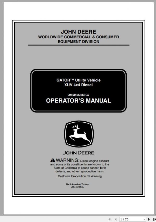 John Deere Gator Utility Vehicle XUV 4×4 Diesel SN 010001 Operators Manual OMM155883 G7 2007 1
