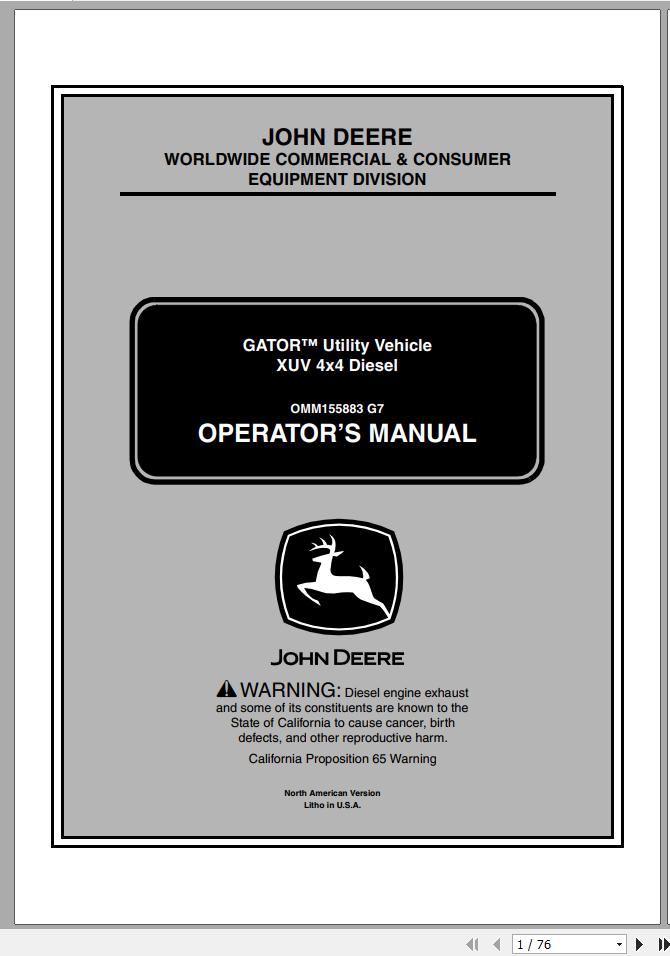 John Deere Gator Utility Vehicle XUV 4x4 Diesel SN 010001 Operators Manual OMM155883 G7 2007 1