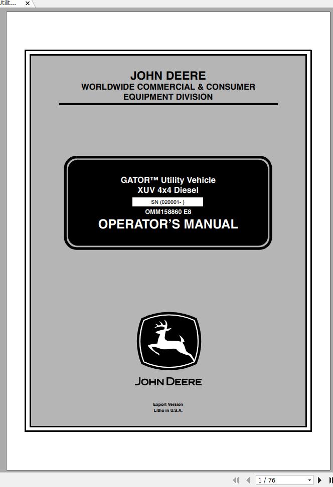 John Deere Gator Utility Vehicle XUV 4x4 Diesel SN 020001 Operators Manual OMM158860 E6 2008 1