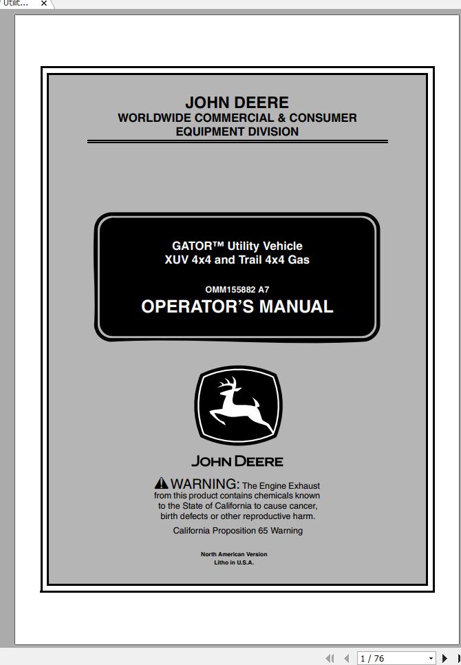 John Deere Gator Utility Vehicle XUV 4x4 Trail 4x4 Gas SN 010001 Operators Manual OMM155882 A7 2007 1