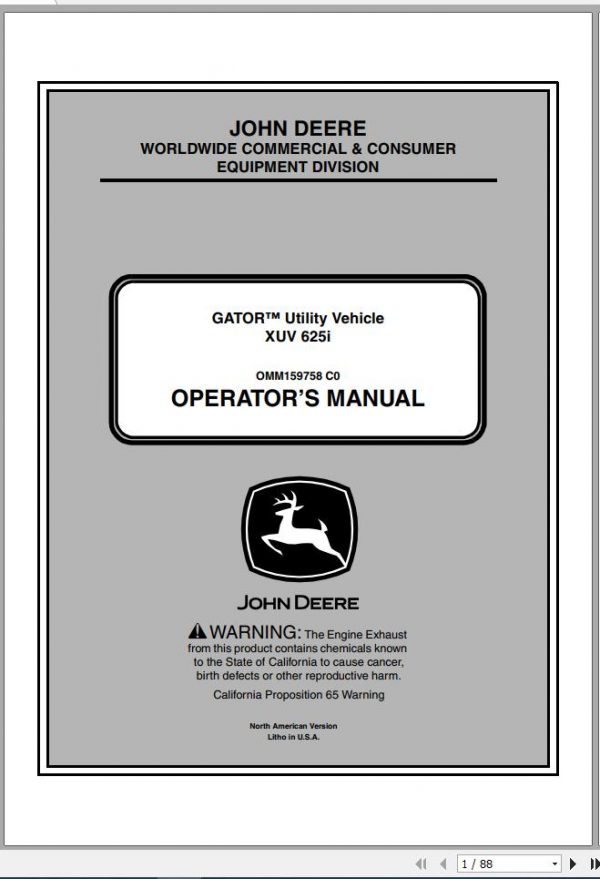 John Deere Gator Utility Vehicle XUV 625i SN 010001 Operators Manual OMM159758 C0 2010 1