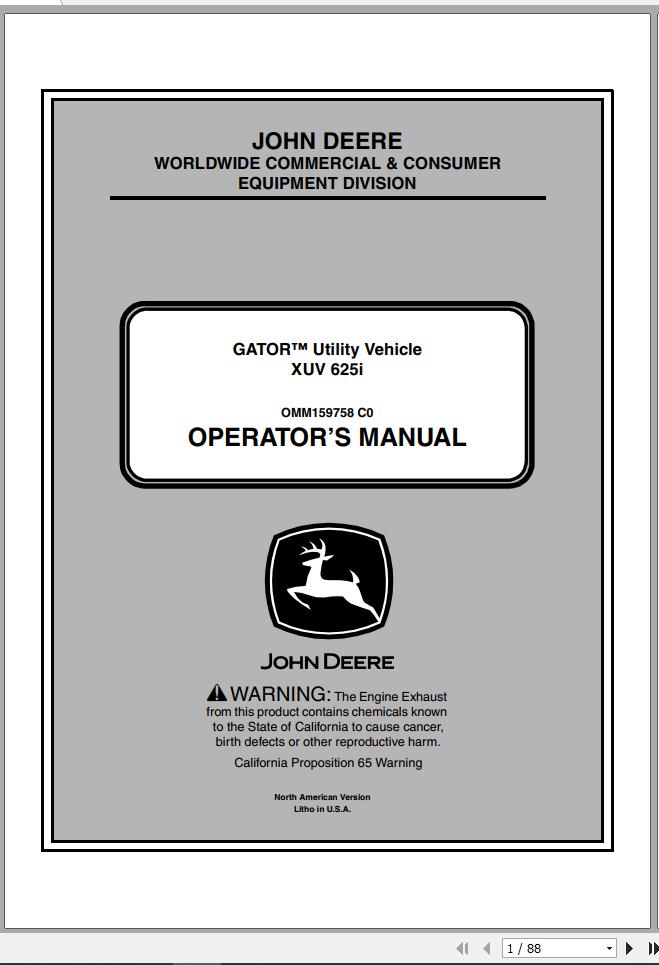 John Deere Gator Utility Vehicle XUV 625i SN 010001 Operators Manual OMM159758 C0 2010 1
