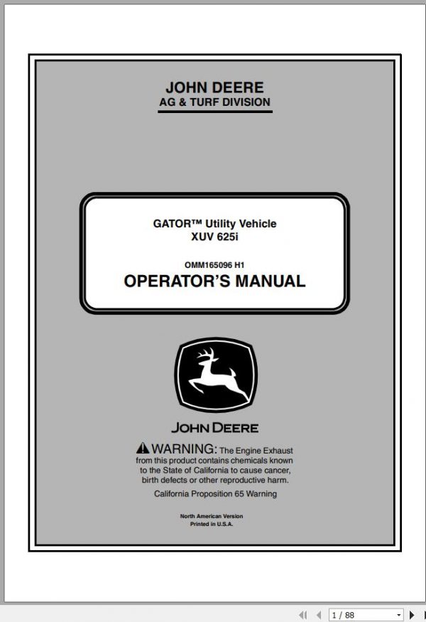John Deere Gator Utility Vehicle XUV 625i SN 030001 Operators Manual OMM165096 H1 2011 1