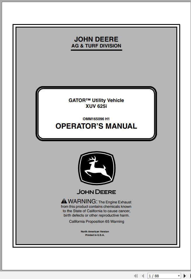 John Deere Gator Utility Vehicle XUV 625i SN 030001 Operators Manual OMM165096 H1 2011 1