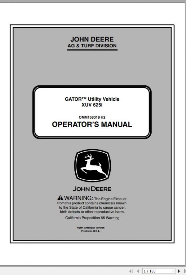 John Deere Gator Utility Vehicle XUV 625i SN 060001 Operators Manual OMM168318 H2 2012 1