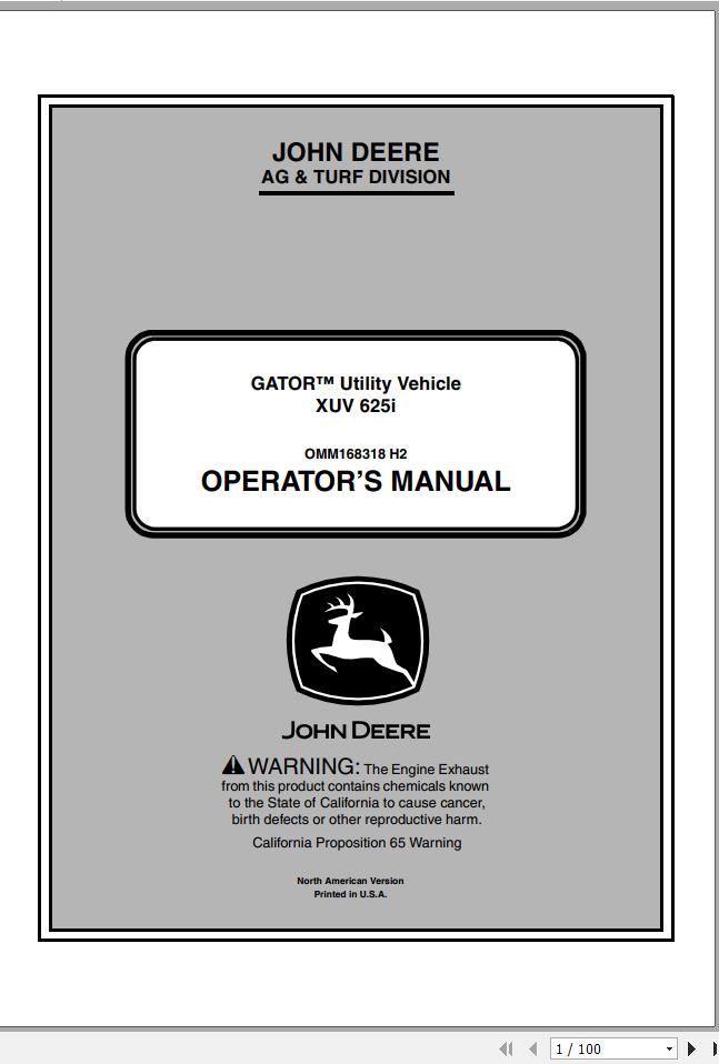 John Deere Gator Utility Vehicle XUV 625i SN 060001 Operators Manual OMM168318 H2 2012 1