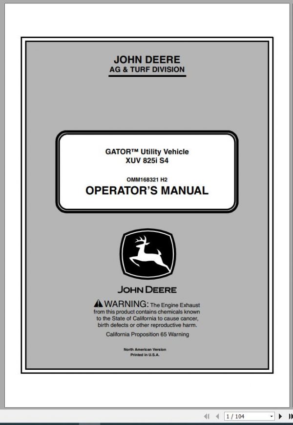 John Deere Gator Utility Vehicle XUV 825i S4 SN 060001 Operators Manual OMM168321 H2 2012 1