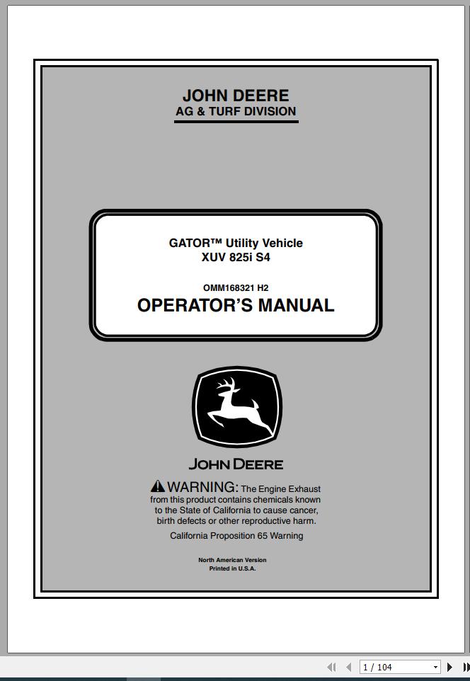 John Deere Gator Utility Vehicle XUV 825i S4 SN 060001 Operators Manual OMM168321 H2 2012 1