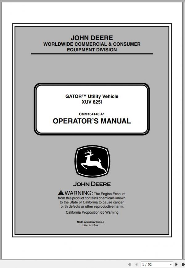 John Deere Gator Utility Vehicle XUV 825i SN 010001 Operators Manual 2011 1