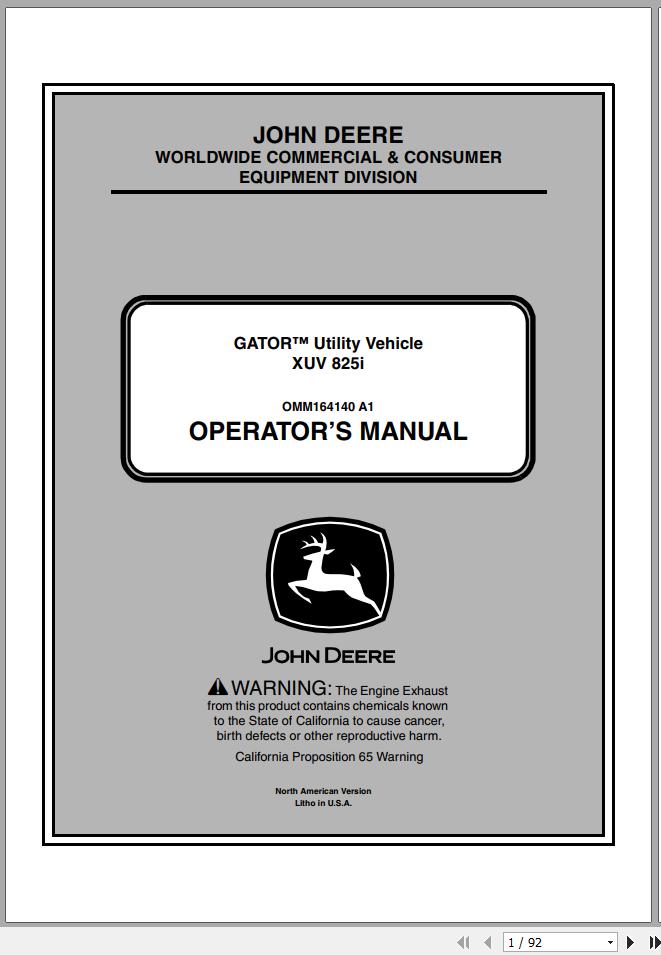 John Deere Gator Utility Vehicle XUV 825i SN 010001 Operators Manual 2011 1
