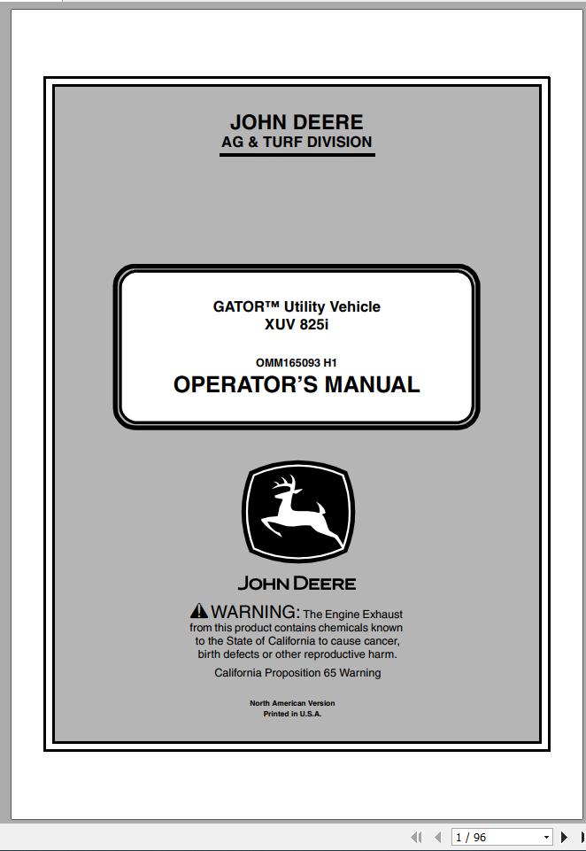 John Deere Gator Utility Vehicle XUV 825i SN 030001 Operators Manual OMM165093 H1 2011 1