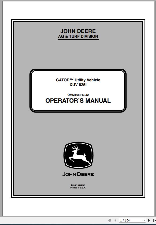 John Deere Gator Utility Vehicle XUV 825i SN 060001 Operators Manual OMM168343 J2 2012 1