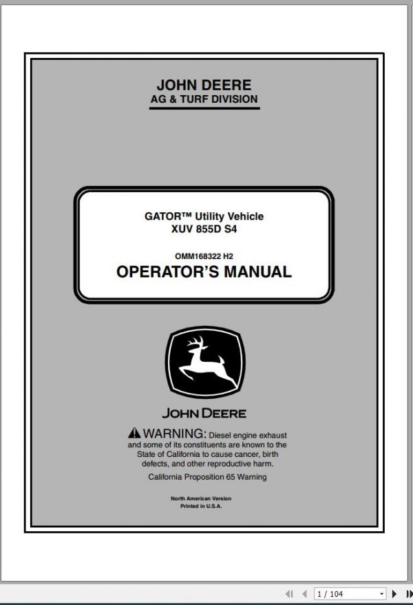 John Deere Gator Utility Vehicle XUV 855D S4 SN 060001 Operators Manual 2012 1