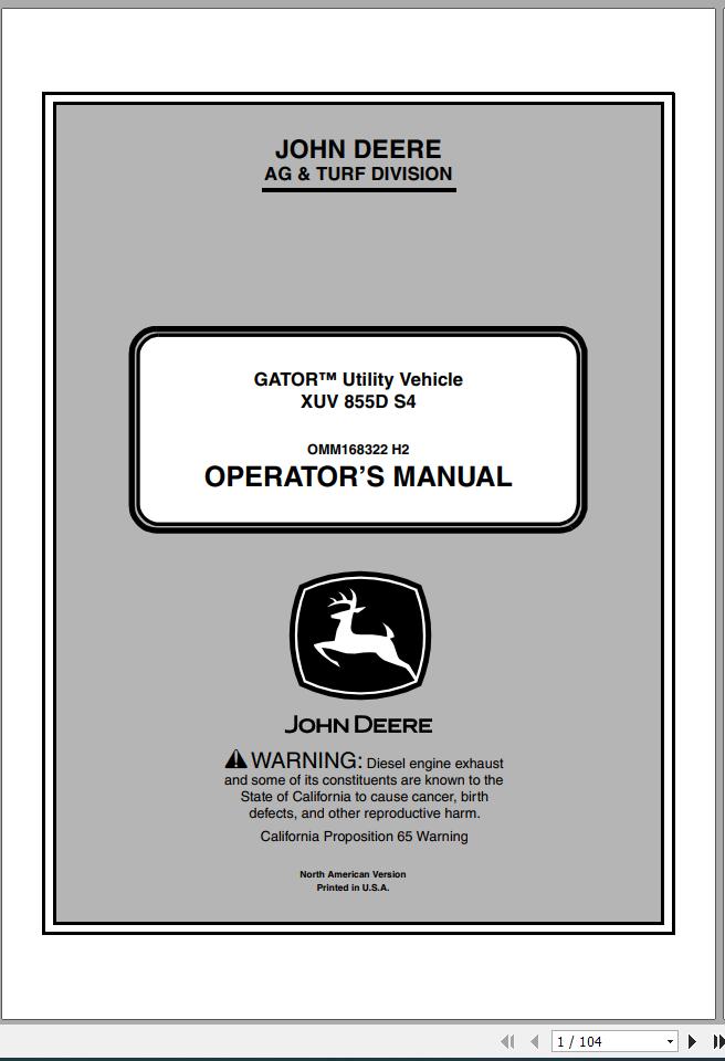 John Deere Gator Utility Vehicle XUV 855D S4 SN 060001 Operators Manual 2012 1