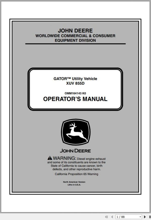 John Deere Gator Utility Vehicle XUV 855D SN 010001 Operators Manual OMM164143 K0 2010 1
