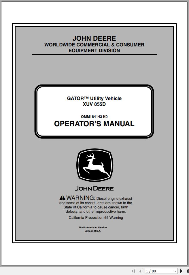 John Deere Gator Utility Vehicle XUV 855D SN 010001 Operators Manual OMM164143 K0 2010 1