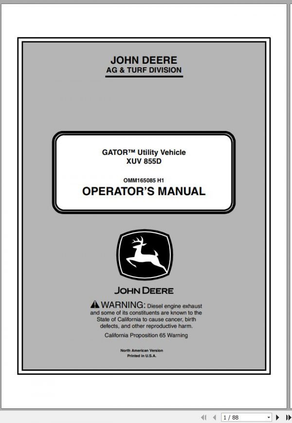 John Deere Gator Utility Vehicle XUV 855D SN 030001 Operators Manual 1