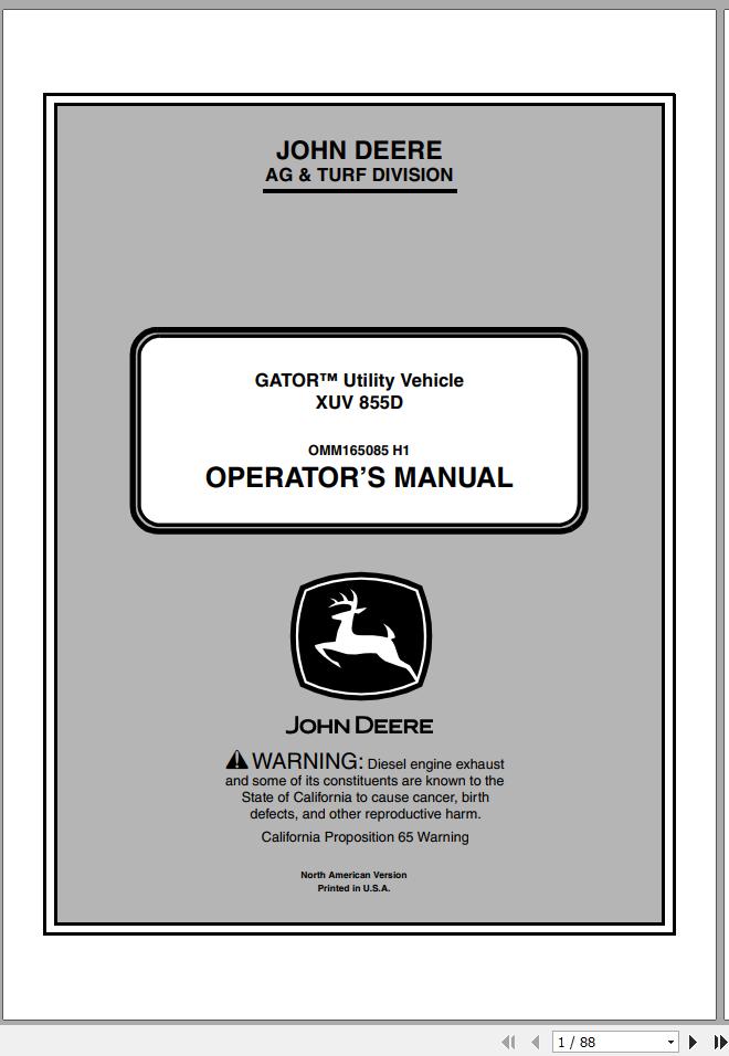 John Deere Gator Utility Vehicle XUV 855D SN 030001 Operators Manual 1