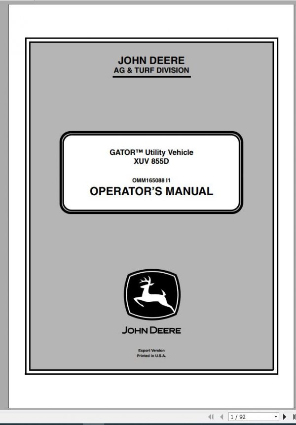 John Deere Gator Utility Vehicle XUV 855D SN 030001 Operators Manual OMM165088 I1 2011 1