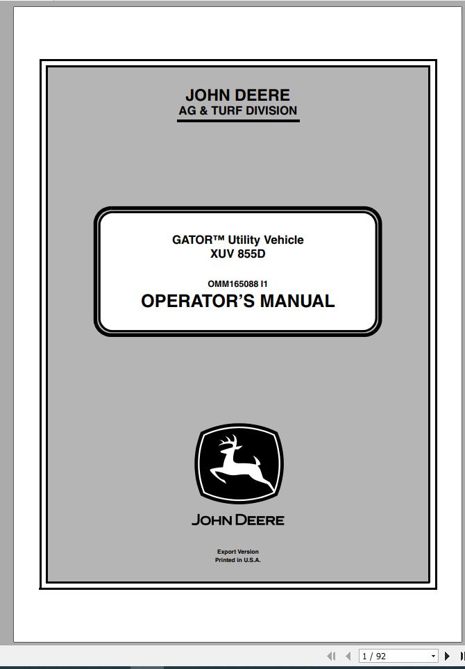 John Deere Gator Utility Vehicle XUV 855D SN 030001 Operators Manual OMM165088 I1 2011 1