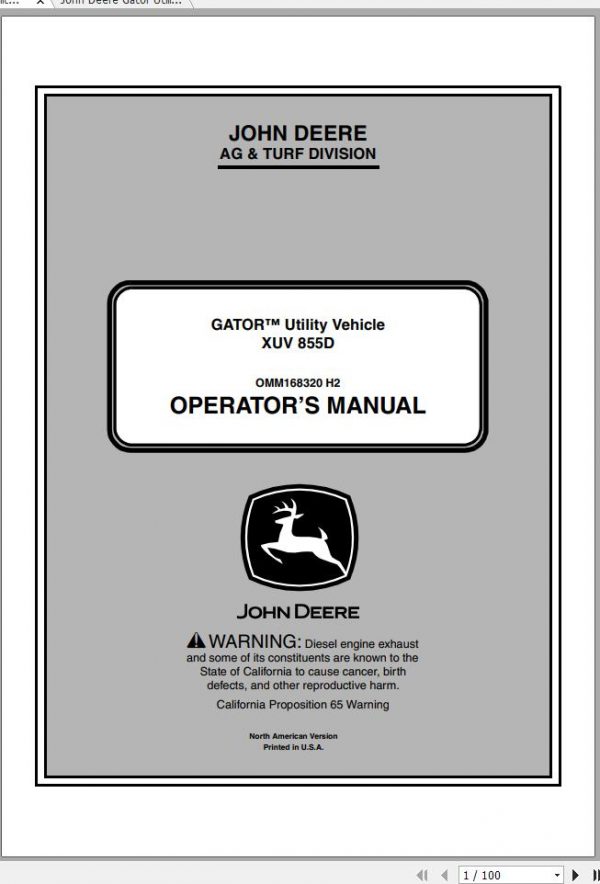 John Deere Gator Utility Vehicle XUV 855D SN 060001 Operators Manual 2012 1