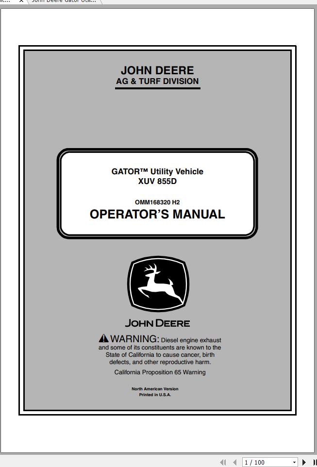 John Deere Gator Utility Vehicle XUV 855D SN 060001 Operators Manual 2012 1