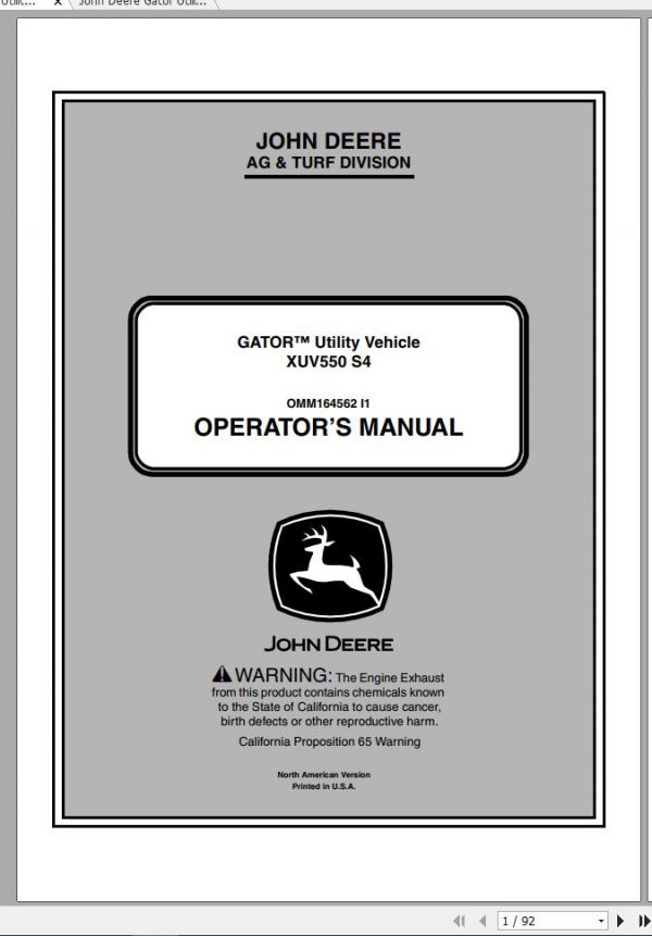 John Deere Gator Utility Vehicle XUV550 S4 SN 010001 Operators Manual 2012 1