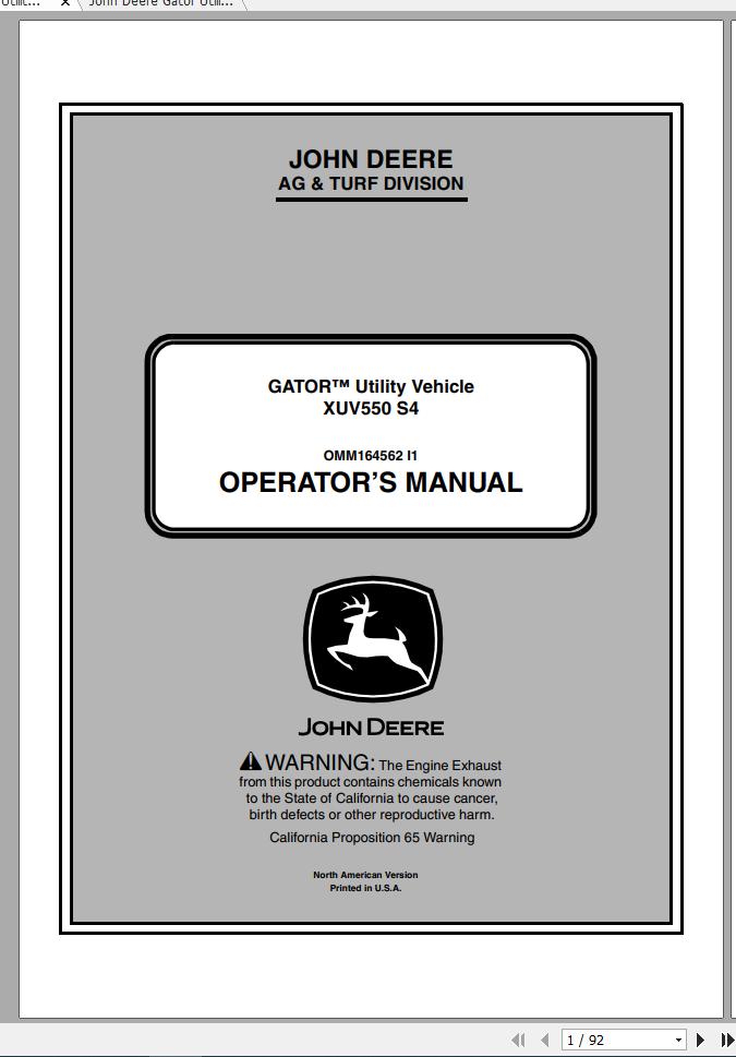 John Deere Gator Utility Vehicle XUV550 S4 SN 010001 Operators Manual 2012 1