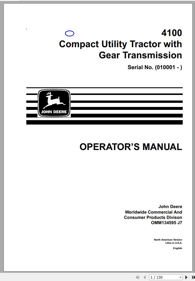 John Deere Gear Transmission Compact Utility Tractor 4100 SN 010001 Operators Manual OMM134595 J7 1