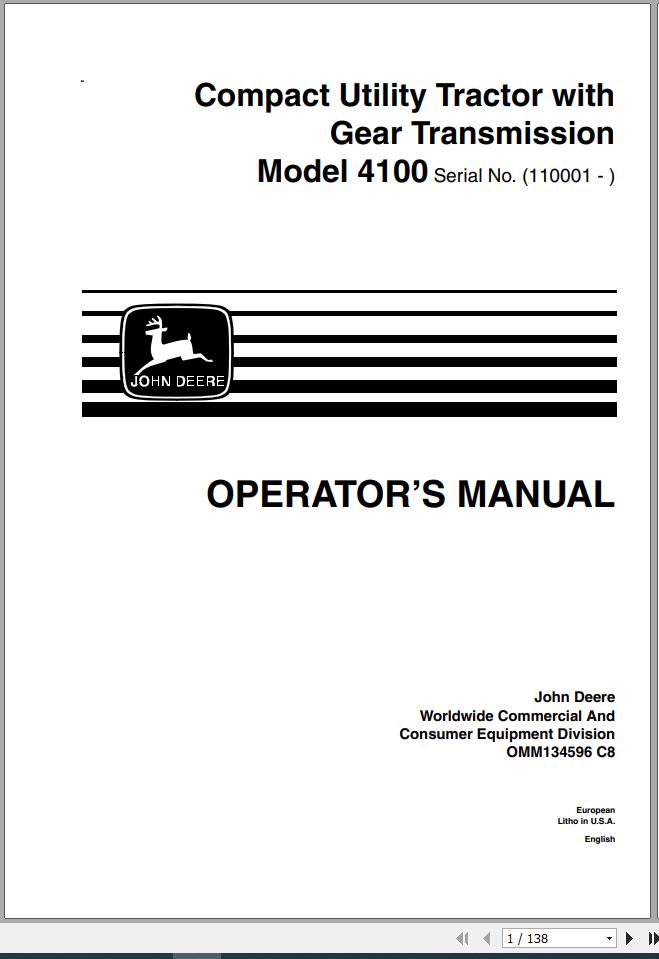 John Deere Gear Transmission Compact Utility Tractor 4100 SN 110001 Operators Manual OMM134596 C8 1