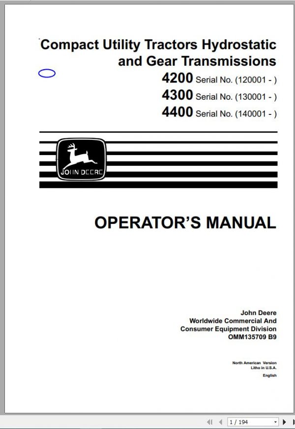 John Deere Gear Transmission Compact Utility Tractor Hydrostatic 4200 4300 4400 Operators Manual OMM135709 B9 1