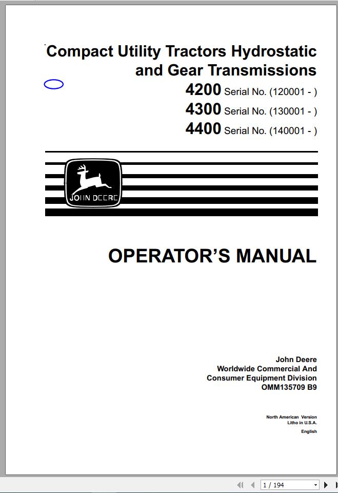 John Deere Gear Transmission Compact Utility Tractor Hydrostatic 4200
