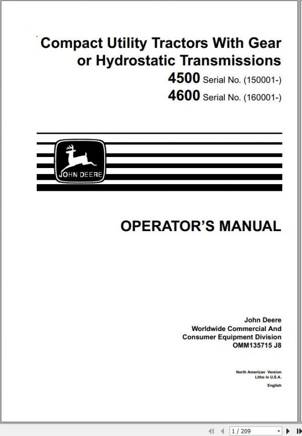John Deere Gear Transmission Compact Utility Tractor Hydrostatic 4500 4600 Operators Manual OMM135715 J8 1