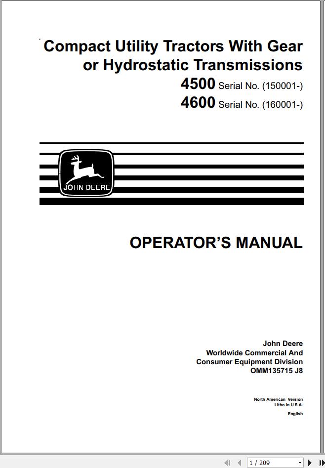 John Deere Gear Transmission Compact Utility Tractor Hydrostatic 4500 4600 Operators Manual OMM135715 J8 1