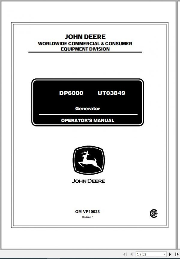 John Deere Generator DP6000 UT03849 Operators Manual OMVP10028 2001 1