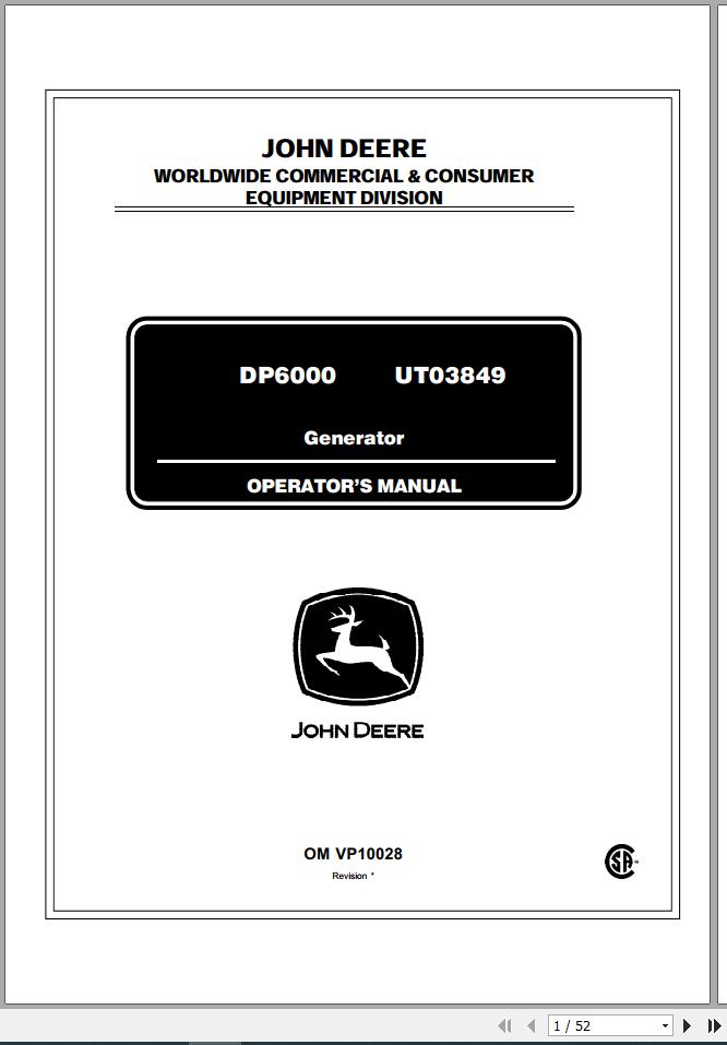 John Deere Generator DP6000 UT03849 Operators Manual OMVP10028 2001 1