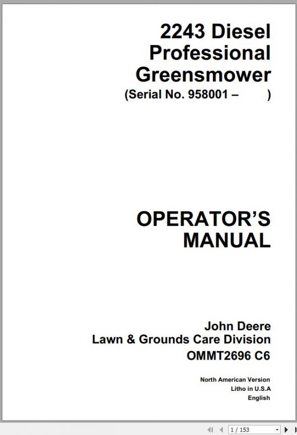 John Deere Greensmower Professional 2243 Diesel Operators Manual 1