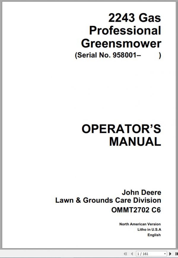 John Deere Greensmower Professional 2243 Gas SN 958001 Operators Manual 1