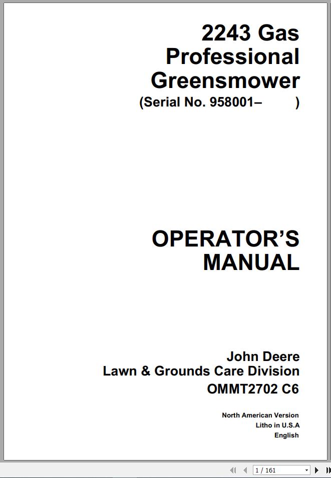 John Deere Greensmower Professional 2243 Gas SN 958001 Operators Manual 1