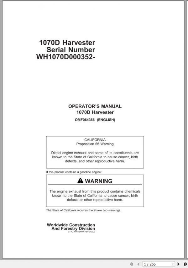 John Deere Harvester 1070D WH1070D000352 Operators Manual OMF064366 2