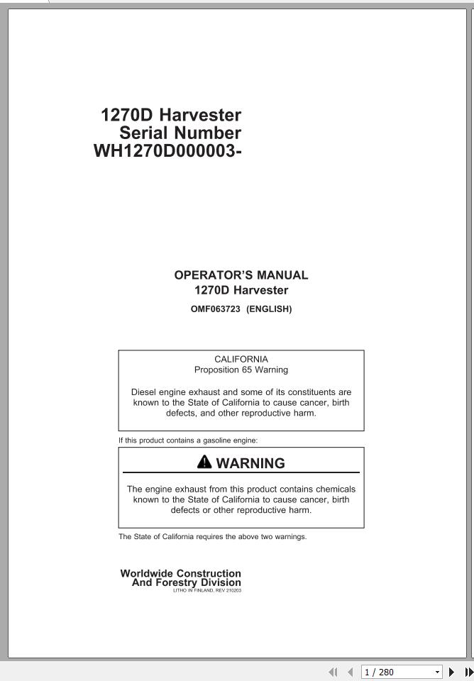 John Deere Harvester 1270D WH1270D000003 Operators Manual OMF063723 1