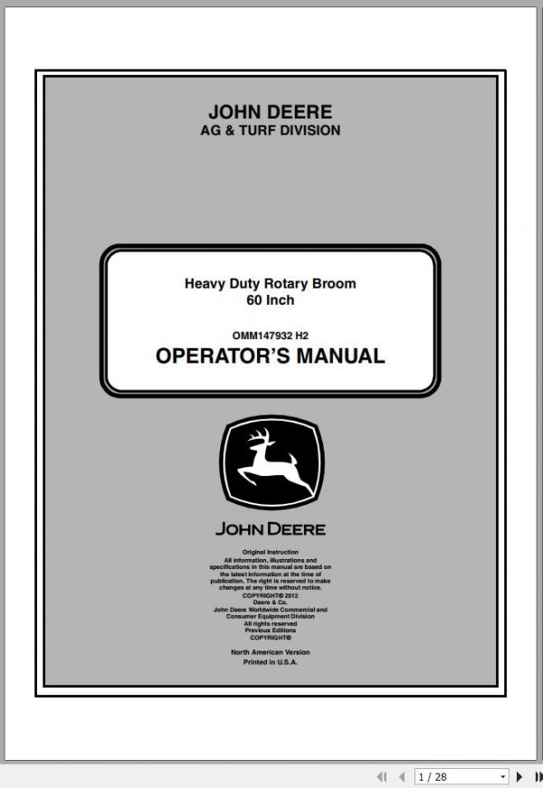 John Deere Heavy Duty Rotary Broom 60 Inch SN 010001 Operators Manual OMM147932 H2 1