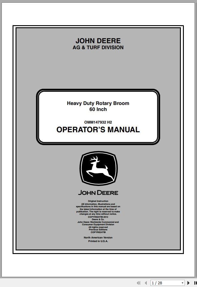 John Deere Heavy Duty Rotary Broom 60Inch SN 010001 Operator's Manual